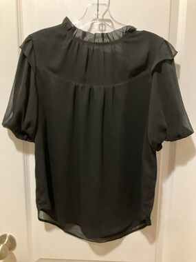 LOFT Black Short-Sleeve Sheer Ruffle-Neck Blouse